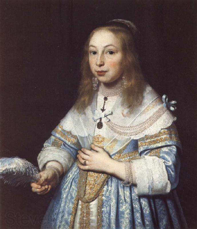 Bartholomeus van der Helst Portrait of a Girl in Pale Blue with an Ostrich Feather Fan Norge oil painting art